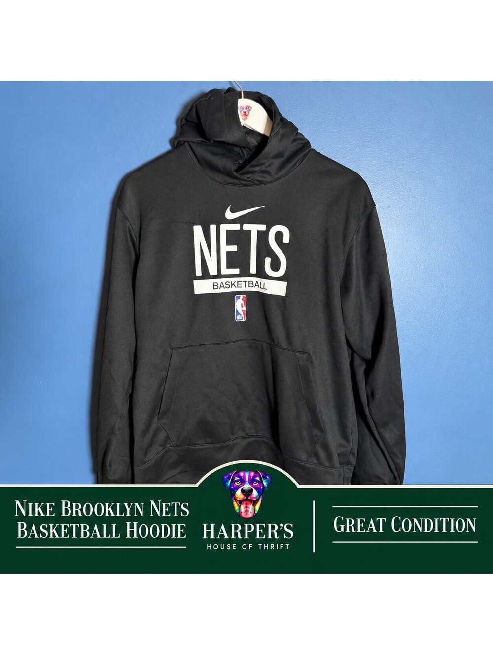 Nike Brooklyn Nets Dri-FIT Basketball Pullover Hoodie Black Size M